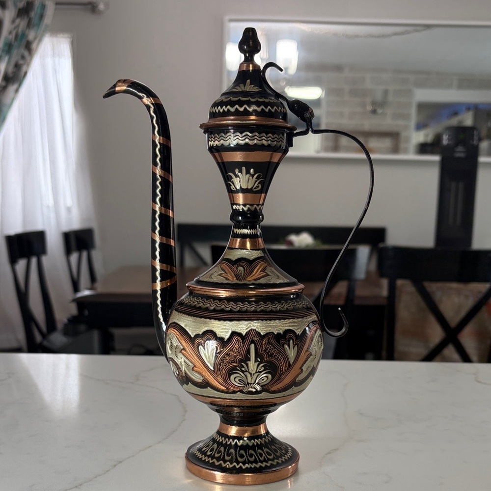 Ornate Copper and Black Decorative Pitcher